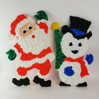 Vintage Christmas Melted Popcorn Plastic Decorations Santa Claus Snowman Holiday