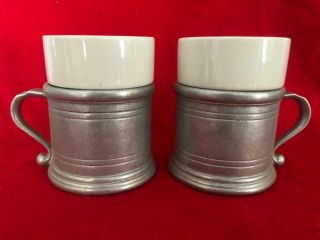 Vtg Set Of 2 Wilton Armetale Plough Satin Pewter Tavern Mugs W/ceramic Inserts