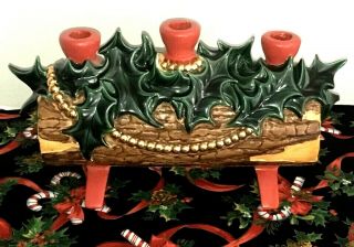 Vintage Christmas Ceramic Yule Log Candle Holder Centerpiece Holly & Berries