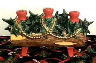 Vintage Christmas Ceramic Yule Log Candle Holder Centerpiece Holly & Berries 2