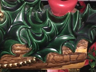 Vintage Christmas Ceramic Yule Log Candle Holder Centerpiece Holly & Berries 3