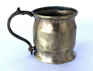 Vintage Brass Cup Old Heavy Solid Brass Mug Handle Copper Etched Tankard 4 " Tall