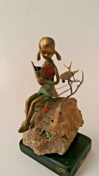 Vintage 1970s (malcolm Moran?) Bronze Sculpture.  Girl / Book On Rock.