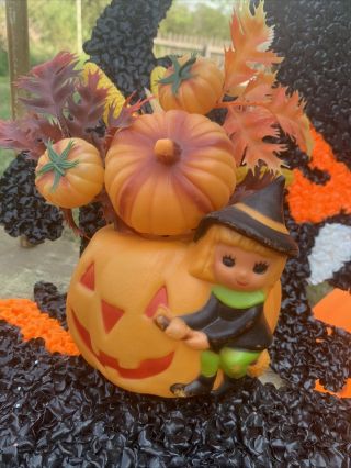 Vtg Blow Mold Witch On Broom Pumpkin Table Decoration Halloween Jack O Lantern