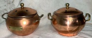 Vintage Decorative Copper Potpourri Bowl W/ Brass Handles & Knob On Lid - Pair