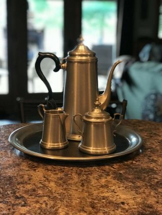 Vintage International Pewter Coffee Tea Set With Pitcher,  Sugar,  Creamer & Tray