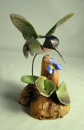Signed Norman Brumm Enameled Copper Flower & Hummingbird On Wood Base Figurine