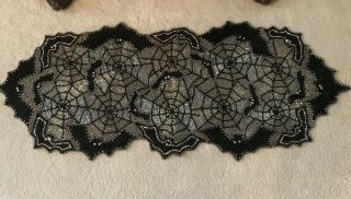 Beaded Halloween Table Runner,  Bats,  Spider Webs,  Black And Silver