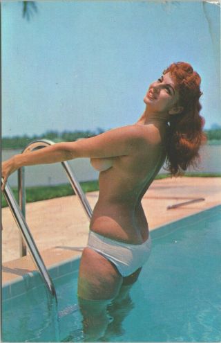 C1970s Vintage Postcard Risque Semi - Nude Woman In Pool " Cooling Off " - Unposted