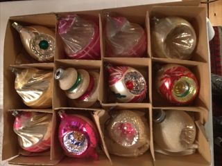 Box Of 12 Antique Christmas Ornaments Mixed Makers Indents Frosted Swirls Atomic