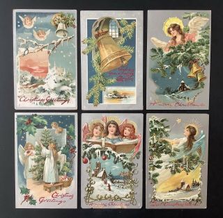 Tuck " Christmas Post Cards " Series 136 (6) Silver Backgrounds,  Sweet Angels