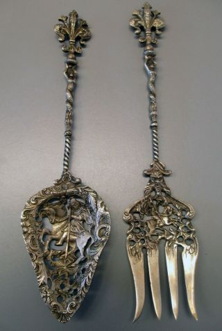 Vintage Silver Plate Baroque Montagnani,  Italy Very Ornate Serving Fork & Spoon