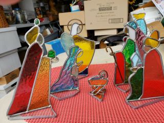 Handmade 7pc Stained Glass Nativity Set Holy Family/angel/3 Wise Men