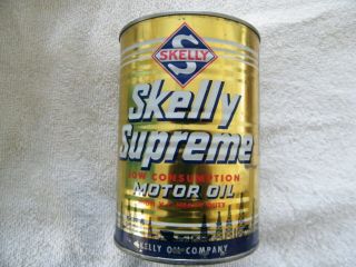 Vintage Skelly Supreme Motor Oil 1qt.  Full Tin Oil Can Grade No.  10