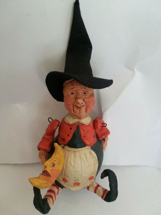 Vtg Poliwoggs Folk Art Halloween Witch Figure With Crescent Moon From 2000 - Htf