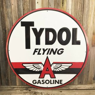 Tydol Flying A Gas Motor Oil Round Embossed Metal Large Tin Sign 24 " Vintage