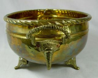 Vintage Ornate Hammered Brass Footed Oval Bowl Planter W/ Elephant Head Handles
