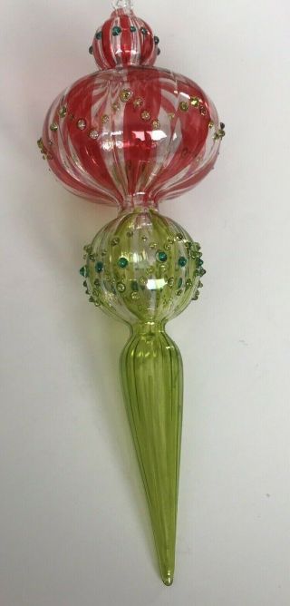 Vintage Large Hand Blown Art Glass Christmas Ornament - Red & Green - 10 1/2 " Tl