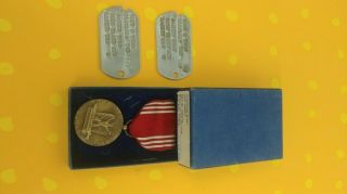 Wwii 1943 - 44 U.  S.  Army Dog Tags Next Of Kin & Good Conduct Medal Boxed