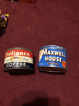 2 Vintage Coffee Tins Maxwell House And Defiance Coffee No Lid 1 Pd.