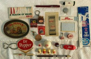 27 Vintage Dr Pepper Items - Tray,  Wire Opener,  Pens,  Golf Ball,  Mirror,  Matches