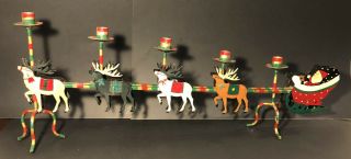 Vintage Christmas Metal Santa & Reindeers Candle Holder/centerpiece Handpainted