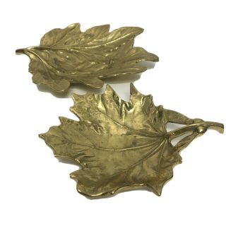 Vintage Solid Brass Maple Leaf Trinket Dish Set Jewelry Coins Rings Leaf Decor