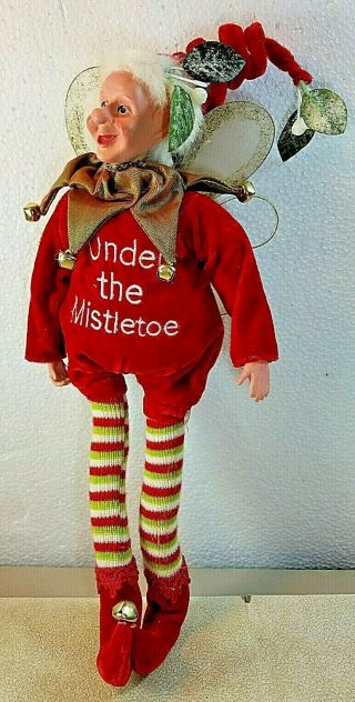 Vintage Mark Roberts Christmas Elf Doll Under The Mistletoe 15 " Jester Fairies