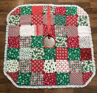 Vintage Handmade Quilted Tree Skirt Reversible Patchwork Christmas Quilt Lace