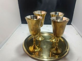 Leonard Silver Co.  Present Solid Brass 5 Piece Wine Set.  4 Goblets,  Serving Tray