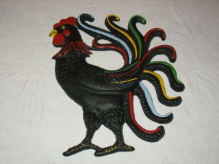 Vintage Cast Iron Rooster Plaque / Wall Hanging Black With Red And Multi Color