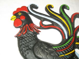 Vintage Cast Iron Rooster Plaque / Wall Hanging Black with Red and Multi color 2