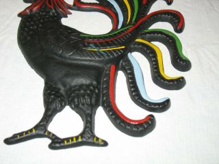 Vintage Cast Iron Rooster Plaque / Wall Hanging Black with Red and Multi color 3