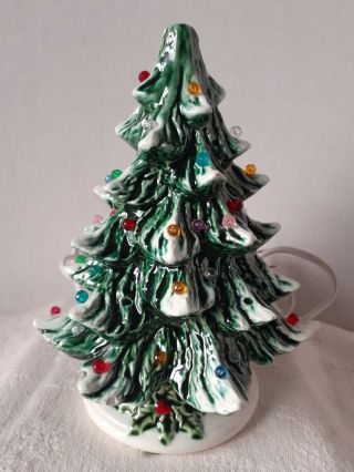 Vintage Small Ceramic Christmas Tree - Light Up - Holly Base - 7 " Tall
