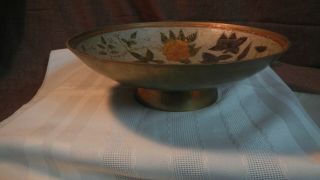 Solid Brass Cloisonne Yellow Rose Iris Footed Bowl 9.  25 " Dia Vtg Enamel India