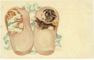 Artist Drawn Old Postcard Anthropomorphic Cat & Dog Puppy In Wooden Clogs Ub