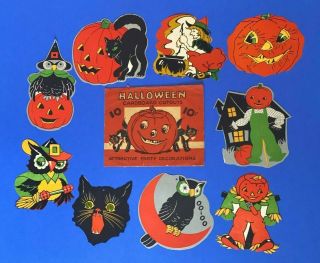 Set Of 9 Vintage Halloween Attractive Cardboard Cutout Party Decorations W/ob