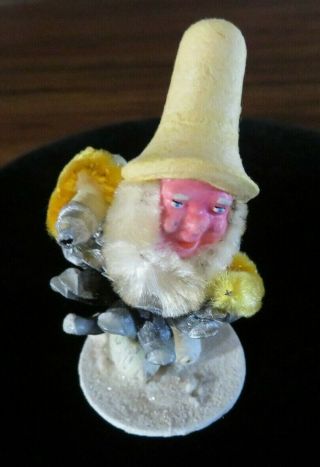 Vtg Germany Pinecone Elf Xmas Ornament,  Spun Cotton Long Yellow Hat,  Baby Bottle