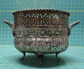 Vintage Ornate Hammered Brass Copper Tin Bowl Vase Dish Bucket 7.  5 X 6.  5 " India