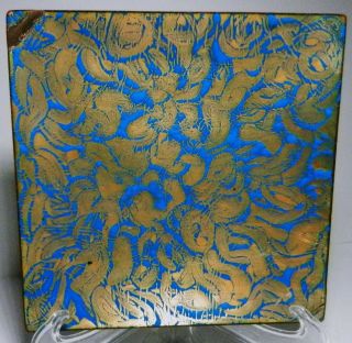 Vintage Enamel On Copper Abstract/modern Gold Designs On Turquoise 5 3/8 " Square