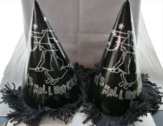2 Vtg Halloween Cardboard Witch Party Hats Crepe Paper Fringe Cone Adult Size