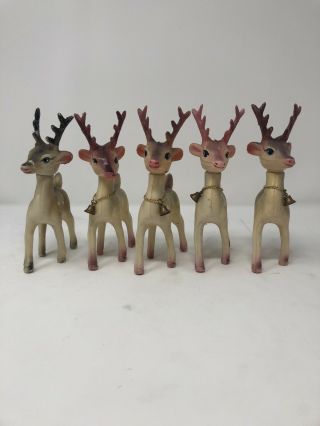 Set Of 5 Vintage Plastic Christmas Reindeer Made In Hong Kong Swivel Heads