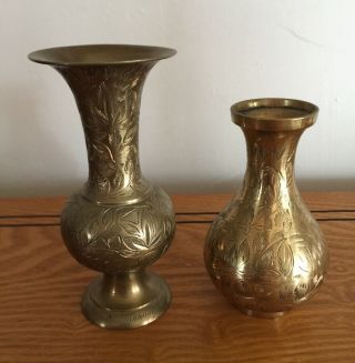 2 Vintage Small Brass Vases Etched Designs 4 " & 5 " Tall