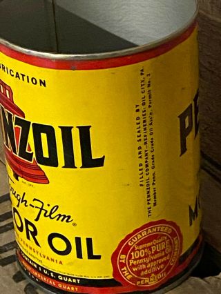 Vtg 1950s Pennzoil 100 Pennsylvania Motor Oil 1 Quart Oil Can Tin Oil City PA 2