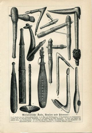1887 Oceania Melanesia Weapons Axes Hammer Antique Engraving Print F.  Ratzel