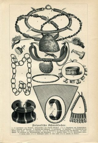 1887 Oceania Polynesia Jewelry Antique Engraving Print F.  Ratzel