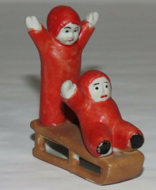 Antique Bisque Figurine,  Two Snowbabies Or Elves Riding Sled,  Made In Japan