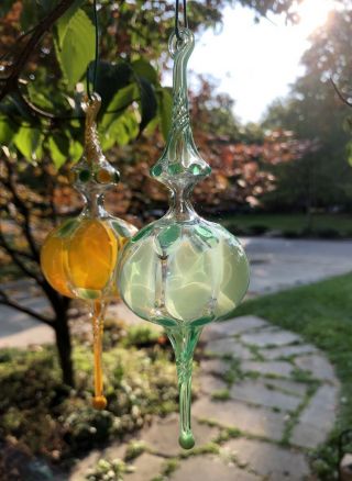 2 Blown Art Glass Swirl Christmas Tree Ornaments 7” Green Yellow Hand Made Mod