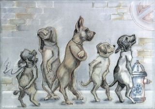 Dog Poodle Lover Funny Art Print: " Dogs Waiting To Pee " At The Fire Hydrant