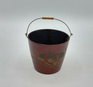 Vintage Primitive Hand Painted Burgundy & Gold Small Bucket Wooden Berry Pail